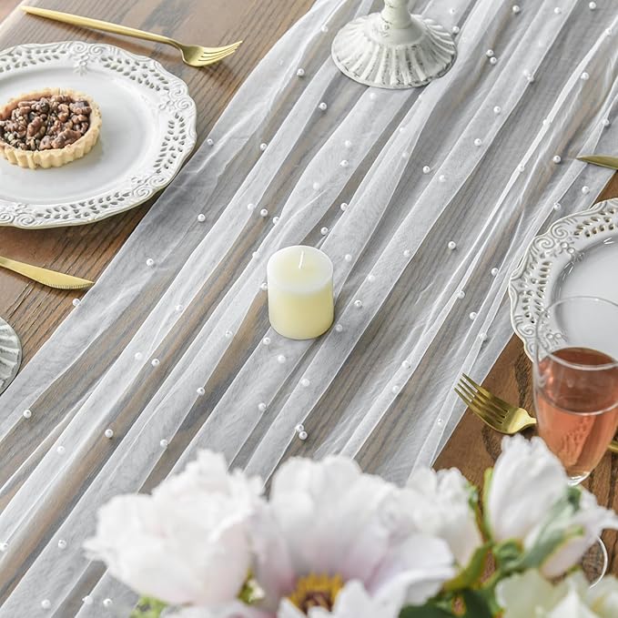 Artoid Mode 6PCS Pearl Gauze Table Runner 120 Inch 10FT, Seasonal Sheer Dining Holiday Wedding Birthday Baby Shower Table Decor for Home Party