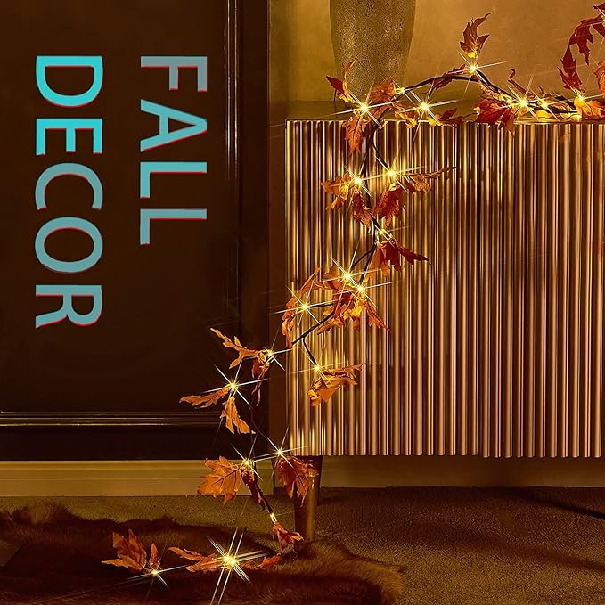 Fudios Lighted Maple Leaf Garland with Timer 24 Warm White LED 6FT for Fall Thanksgiving Decor, Artificial Garland with Lights Battery Operated Harvest Christmas Decoration Indoor Outdoor