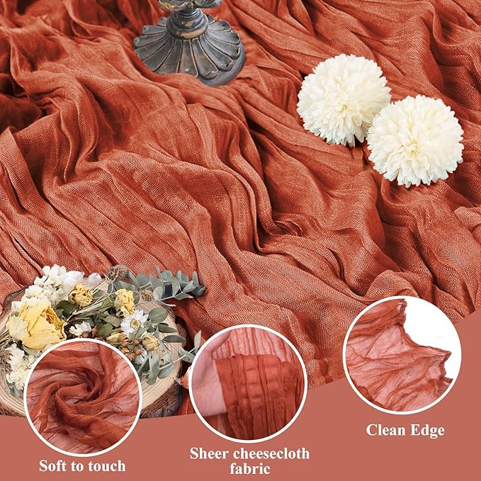 Asee'm 3pcs Cheesecloth Table Runner 120 Inches Long Terracotta Boho Gauze Cheese Cloth Runner 10FT Rustic Sheer Fall Table Runners for Thanksgiving Christmas Wedding Party Baby Shower Decoration