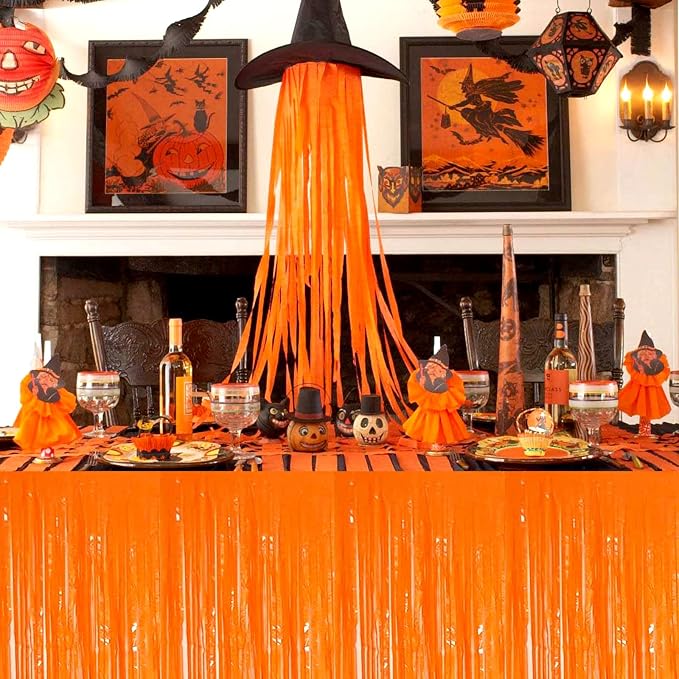 4 Pack 29x108 Inch Metallic Foil Fringe Tinsel Table Skirts for Rectangle Tables Streamer Backdrop for Wedding, Birthday, Parade Floats, Christmas, Halloween Party Decoration(New Orange)