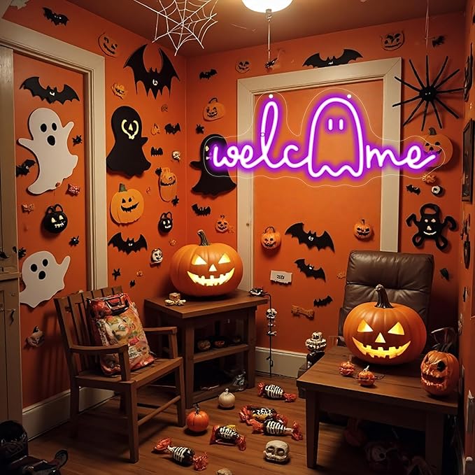 Halloween Welcome Ghouls Neon Sign, Spooky Ghost LED Halloween Decor, Haunted House Entryway Light, Available Gothic Haunted Mansion Light for Bedroom Bar Cave Room Decor Party Home-Purple