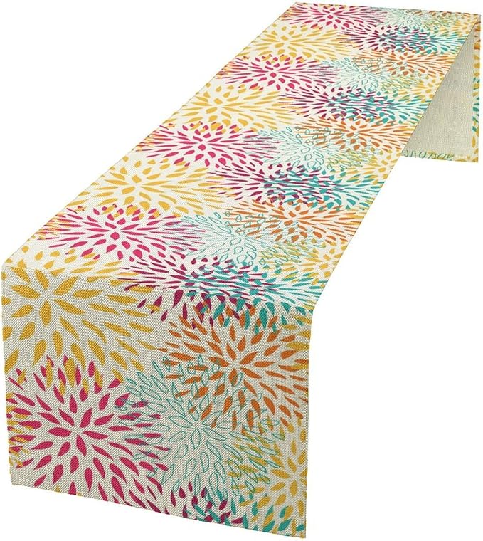Abstract Flowers Table Runner, Chrysanthemum Dahlia Vintage Modern Colorful Spring Summer Elegant Table Runner for Party Kitchen Dining Living Room Laundry Room Decor, 13x120 Inch