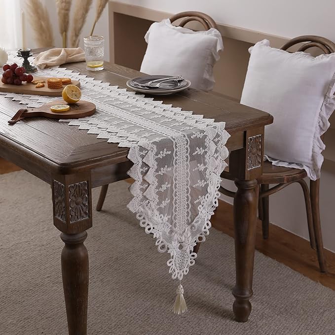 patdrea Designer Vintage White Lace Table Runner,Crochet Decorative Table Covers,Chiffon Embroidered Tasseled Table Runners, Cutwork Dresser Runners,Christmas Wedding Party Bridal 16x102 Inches Long