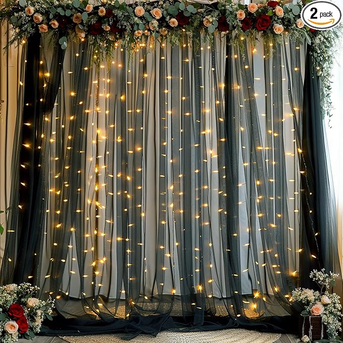 Black Backdrop Curtains with Lights String for Parties Wedding Bridal Shower 10×10ft Sheer Tulle Backdrop Curtain Panels for Baby Shower Birthday Party Photo Shoot Background Wall Decorations
