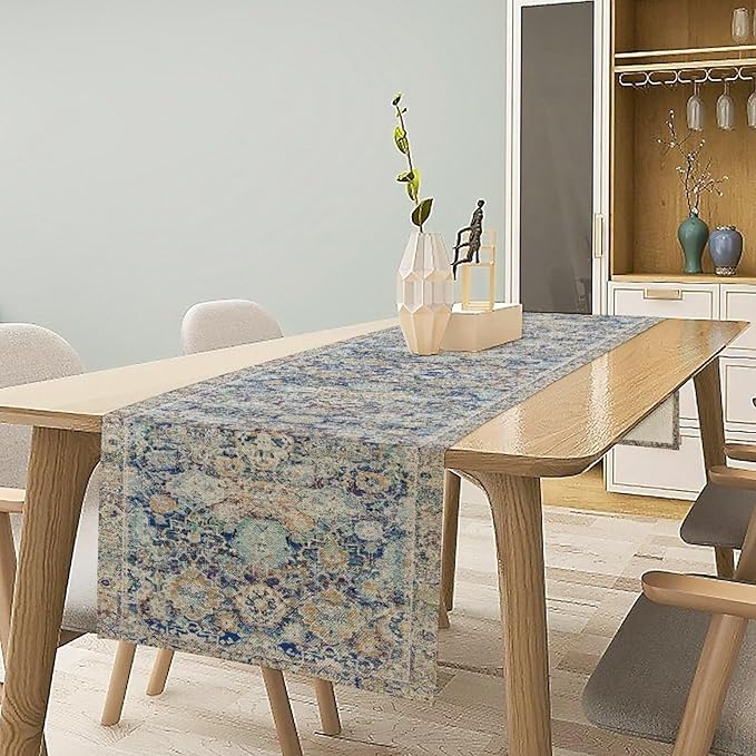 Vintage Boho Floral Table Runner, Rustic Country Farmhouse Blue Yellow Retro Flower Pattern for Home Kitchen Table Decor Dining Coffee Room Party Decor 13x60in