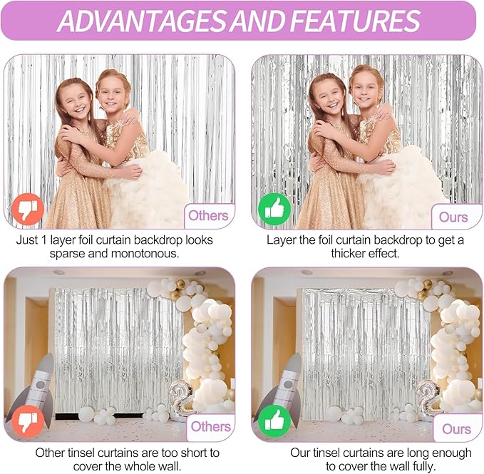 Crosize 8 Pack 3.3 x 9.9 ft Sliver Foil Fringe Curtains Party Decorations, Sliver Tinsel Curtain Backdrop for Parties, Door Streamers, Glitter Streamer Backdrop for Birthday Decoration