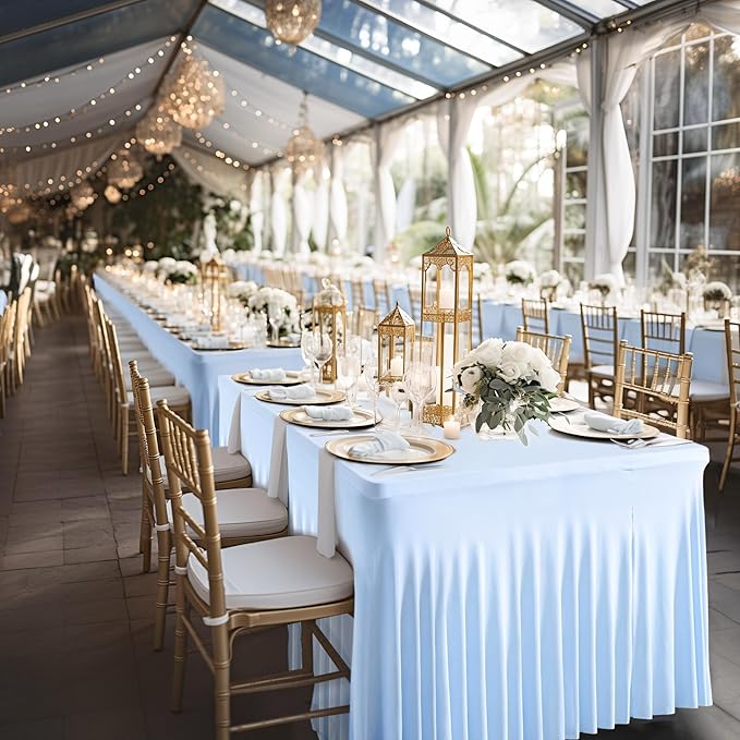 Wish Care 6 Pack Baby Blue Spandex Table Clothes for 8 Foot Rectangle Tables, 8FT Wrinkle Free Fitted Tablecloths Ruffles Design Table Cover for Party, Banquet, Wedding and Events