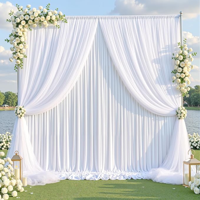 White Tulle Backdrop Curtain for Wedding Parties,10ft x 10ft Wrinkle Free Curtain Backdrop,2 Layer Drapes for Backdrop,Polyester Wedding Back Drop for Bridal Shower Birthday Baby Shower Photography