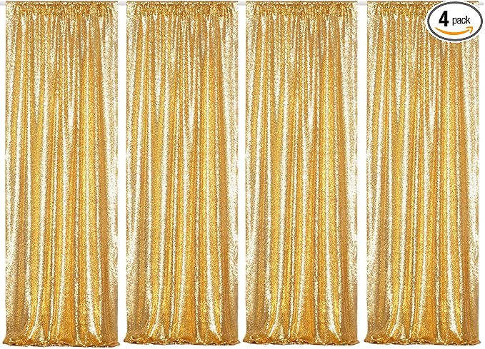 Poise3EHome Gold Sequin Backdrop Curtains,4 Panels 2FTx8FT Glitter Background for Party Birthday Party Baby Shower Wedding Christmas Thanksgiving Halloween Holiday Festival Decor