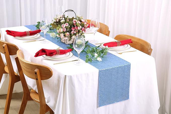 Sequin Table Runners 2 Pieces Baby Blue Table Runners 12x72 Inch Glitter Dining Table Cover for Party Wedding Birthday Reception Banquet Decoration Spring Party Chair Sashes