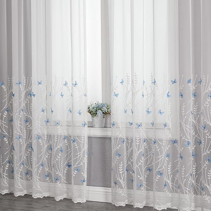 VISIONTEX White Sheer Voile Curtains, Decorative White Embossed Butterflies Rod Pocket Window Drapes for Home Kitchen, Living Room and Bedroom 54 x 84 Inch, Set of 2 Curtain Panels
