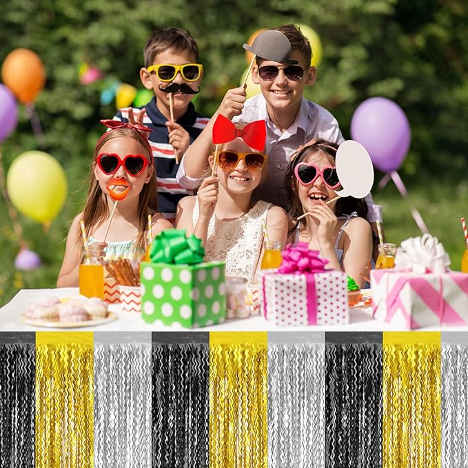 6 Pack 29 x108 Inch Black Gold Silver Wave Foil Fringe Table Skirts Metallic Banner for Tinsel Streamer Garland Backdrop for Parade Floats, Mother's Day, Easter, Wedding, Birthday Party Decoration