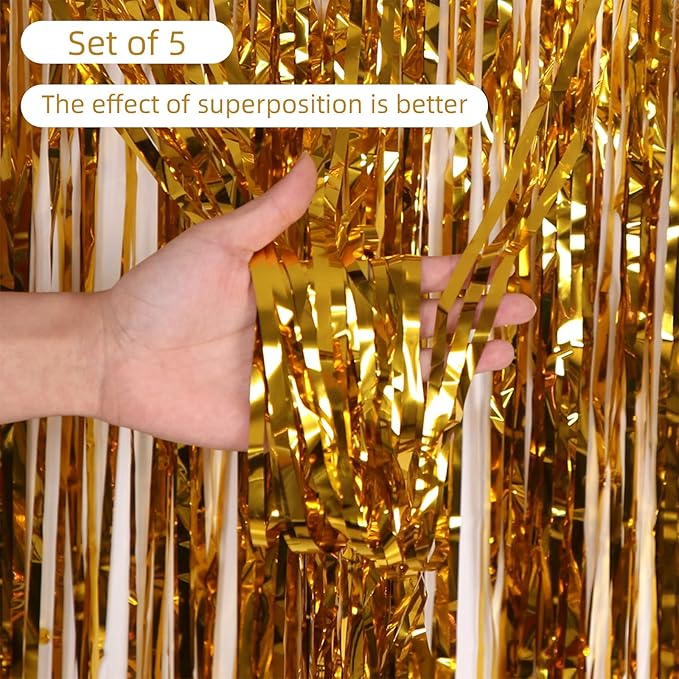 5 Pack Gold Foil Curtain Backdrop 3.2ft x 9.8ft Metallic Tinsel Foil Fringe Curtains Streamer Photo Booth Backdrop for Birthday Party Engagement Bachelorette Party Decorations (Gold)