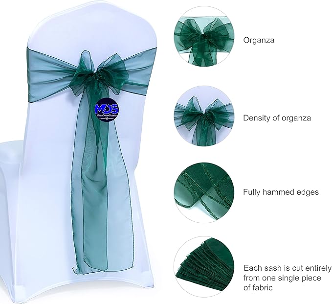 MDS Pack of 250 PCS Organza Chair Sashes Wider Dining Chair Bows Ribbon Tie Back for Wedding Party Birthday Bridal Shower Reception Event Banquet Home Chair Cover Decoration - Hunter Green