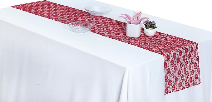 MDS Pack of 25 Wedding 12 x 108 inches Lace Table Runner for Wedding, Decorations for Birthday Parties, Banquets, Graduations, Engagements, and Runners fit Rectangle, Round Table- Apple red