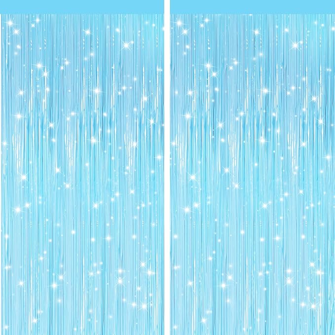 GCB 2Pack Macaron Blue Metallic Tinsel Foil Fringe Curtains, Pastel Blue Door Streamers Photo Booth Backdrop for Birthday Party, Tinsel Curtain Backdrop for Baby Shower Bachelorette Party Decorations