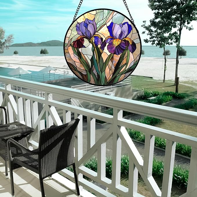 Stained Glass Window Hanging, Purple Blue Iris Birth Flower Suncatcher for Doors Garden Yard Sun Catchers Decor Christmas Mother's Day Birthday Gifts for Teacher Women Mom Nana Wife 11.8 in