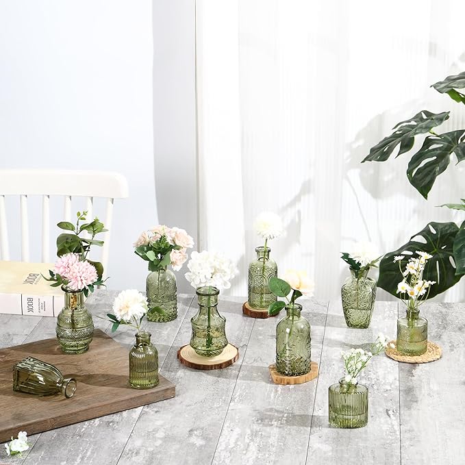 Bud Vases in Bulk 30, Green Glass Bud Vases for Centerpieces, Small Vase for Flowers, Mini Vintage Flower Vase for Centerpieces, Wedding Table Decor, Home Decor