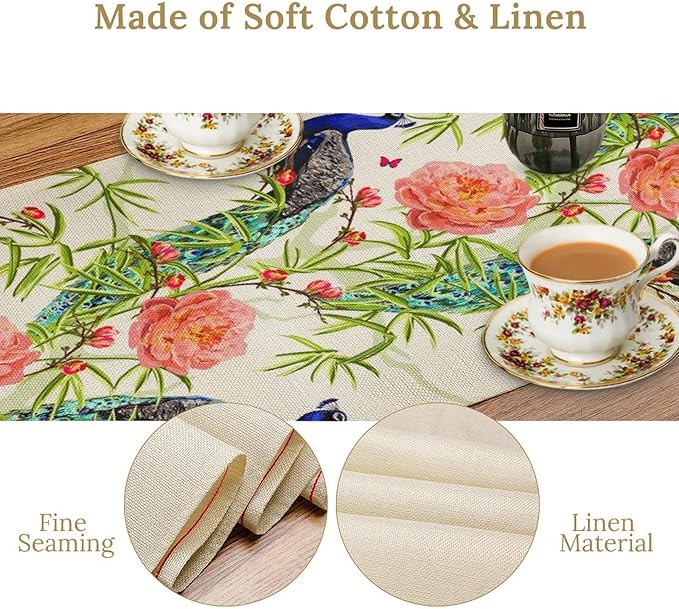 Peacock Table Runner,Seasonal Flower Plants Peacock Birds Table Runner for Home Kitchen Dining Party Indoor Outdoor Decoration 13x108 Inch