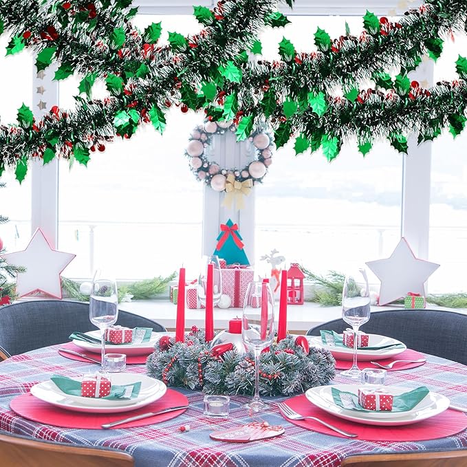 72 Feet Christmas Tinsel Garland Shiny Metallic Tinsel Twist Garland Streamers Ornaments Long Glitter Christmas Tree Hanging Decorations for Party Holiday Wedding Birthday Tree (Dark Green White)