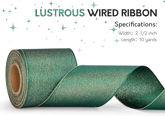 Christmas Ribbon Wired Green Satin Ribbons 2-1/2 Inch Double-Faced Gold Glitter for Tree Decoration, Wreath, Gift Wrapping, Home Decor 10 Yards