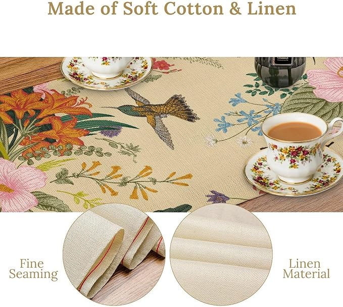 Brown Bird Floral Table Runner Spring Flower Kitchen Table Decoration Suitable for Family Dinner Decoration 13x108 Inch