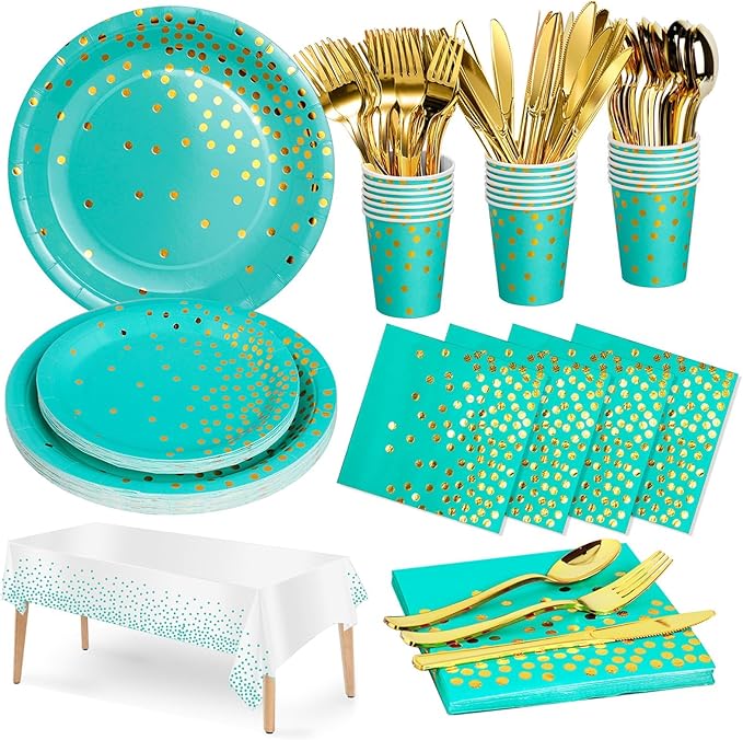 141 Pieces Blue Green and gold Party Supplies, Party Dinnerware Sets Include Paper Plates Napkins Cups Silverware, for Wedding Bridal Shower Engagement Birthday Parties Decoration -20 Serves