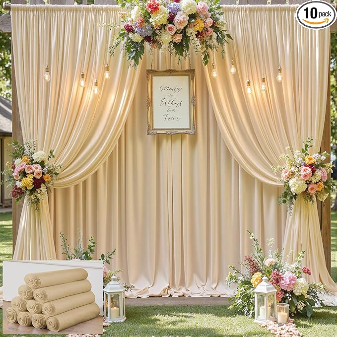 50×12 ft Wrinkle Free Beige Backdrop Curtain for Weddings Parties, 10 Panels 12ft Silky Polyester Wedding Drapes Backdrop Photo Back Drop Cloth for Birthday Baby Shower Photography Backgrounds