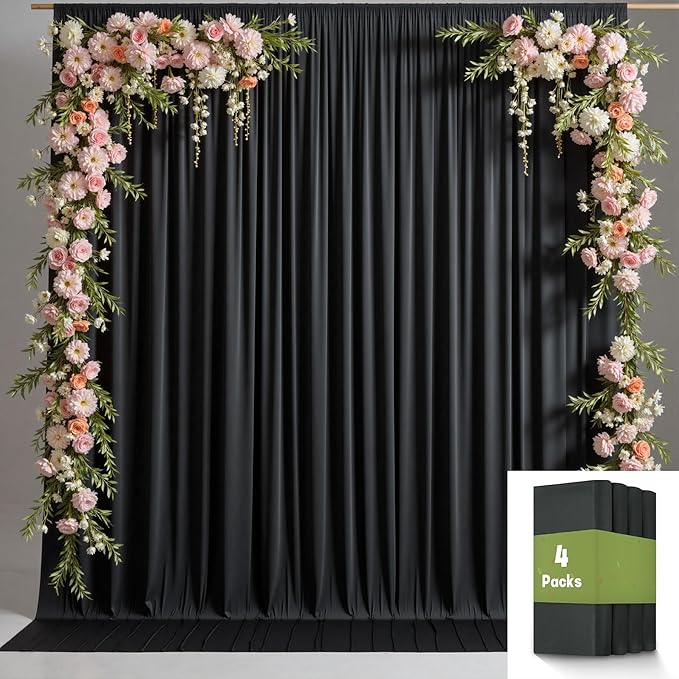 20ftx10ft Wrinkle Free Black Backdrop Curtain for Parties, 4 Panels 5x10ft Silky Polyester Photo Backdrop Drapes Back Drop Cloth for Wedding Birthday Photography Background Decor