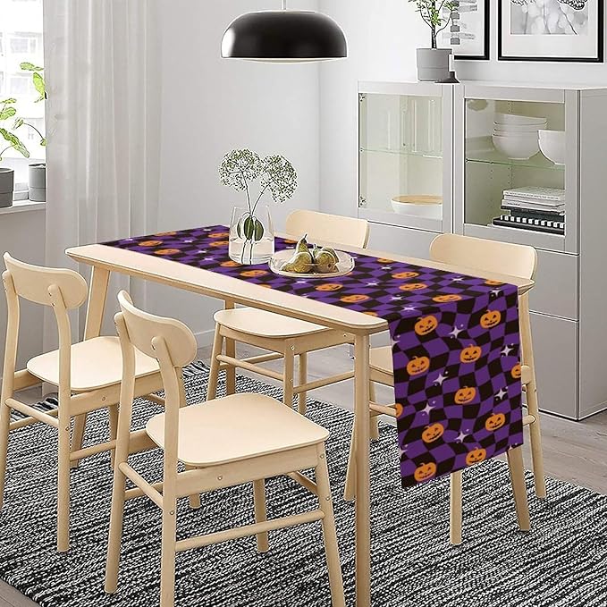 Halloween Table Runner,Purple Checkered Pumpkin Table Runner for Kitchen Dining Table Decoration Home Party Decor 13x60 Inch