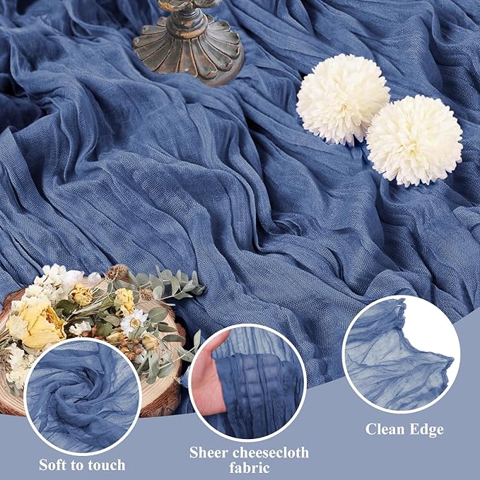 Asee'm Cheesecloth Table Runner 120 Inches Blue Boho Gauze Cheese Cloth Runner 10FT Rustic Sheer Dining Table Runners for Fall Thanksgiving Wedding Baby Shower Centerpiece Decoration
