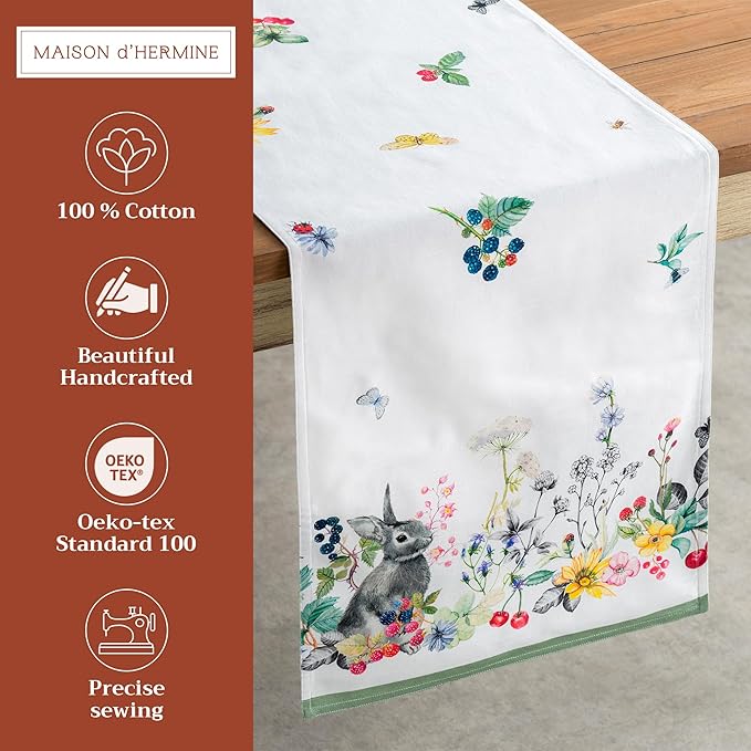 Maison d' Hermine Table Runner 100% Cotton Double Layer Table Runners 72 inches Long Decorative for Home Kitchen Dining Party Baby Shower Wedding Bridal Shower Spring Summer (Printemps, 14.50" x 72")