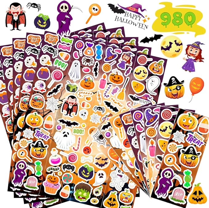 Halloween Stickers 980Pcs Assorted Halloween Stickers for Kids Halloween Party Favors, Classroom Crafts, Goodie Bags, Decorations, Trick or Treat Halloween Party Supplies