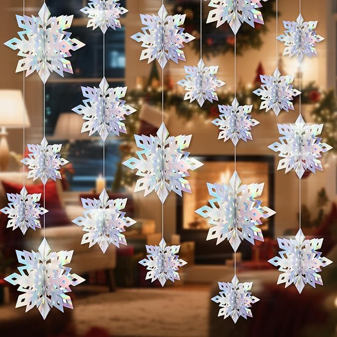 Benbilry 3D Hanging Snowflake Decorations for Christmas Tree, 24pcs 3 Size Winter Wonderland Decorations for Frozen Birthday Party, Christmas Home Decor - Iridescent