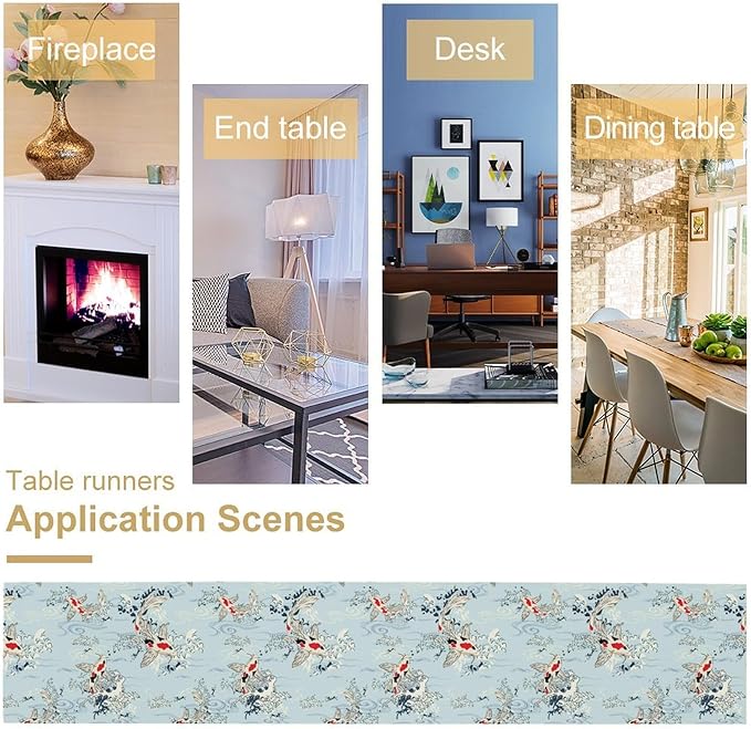 Kio Fish Table Runner Waves Retro Japanese Tradition Art Printed Burlap Runner Home Kitchen Dining Table Living Room Decor Fabric 1 Panel W13xL90in