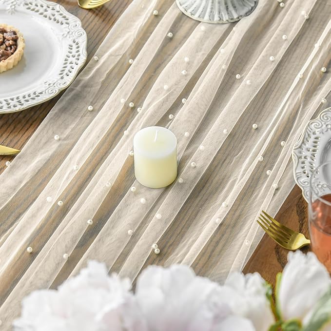 Artoid Mode Pearl Beige Gauze Table Runner 120 Inch 10FT, Seasonal Sheer Dining Holiday Wedding Birthday Baby Shower Table Decor for Home Party