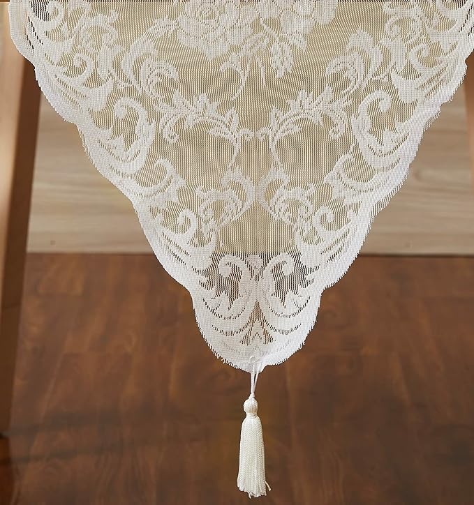 LinenZone Ivory Table Runner with 2 Tassels for Rustic Vintage Decor. Lace Table Runner Works Great As Wedding, Thanksgiving, Christmas Decor (Mia 14 x 48, Ivory)