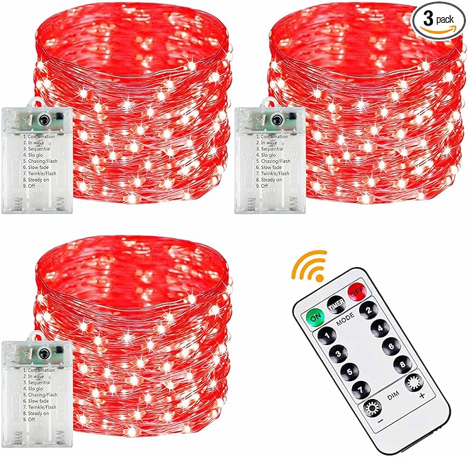 3 Pack Fairy Lights Battery Operated with Remote Control Timer, 26 FT 80 LED String Lights Outdoor Indoor Decorations, 8 Modes Twinkle Lights for Christmas Party Wedding Birthday Bedroom Décor (Red)