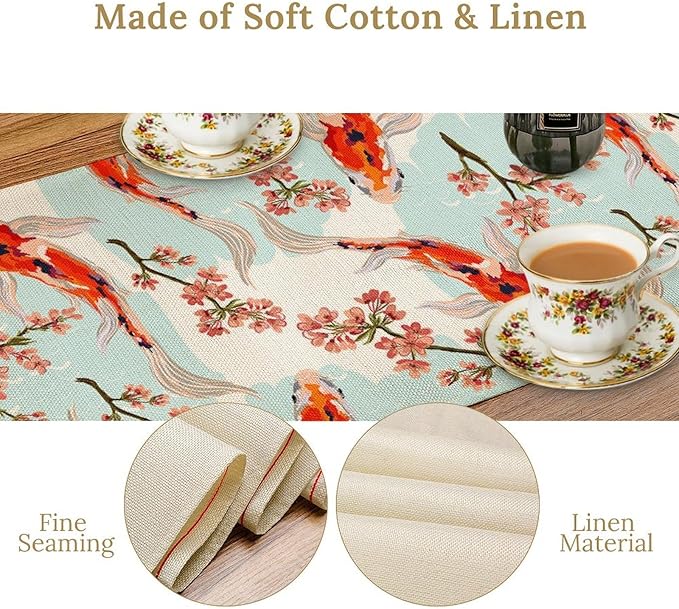 Japanese Kio Fish Table Runner Cherry Flower Art Printed Burlap Runner Home Kitchen Dining Table Living Room Decor Fabric 1 Panel W13xL60in