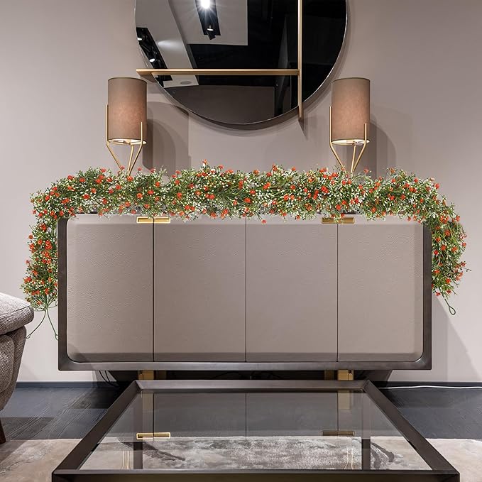 2 Pcs 5.8ft Artificial Baby Breath Flower Vines, Babys Breath Artificial Flowers Real Touch Faux Gypsophila Hanging Fake Baby's Breath Garlands for Wedding and Baby Shower Decor(Red-Orange
