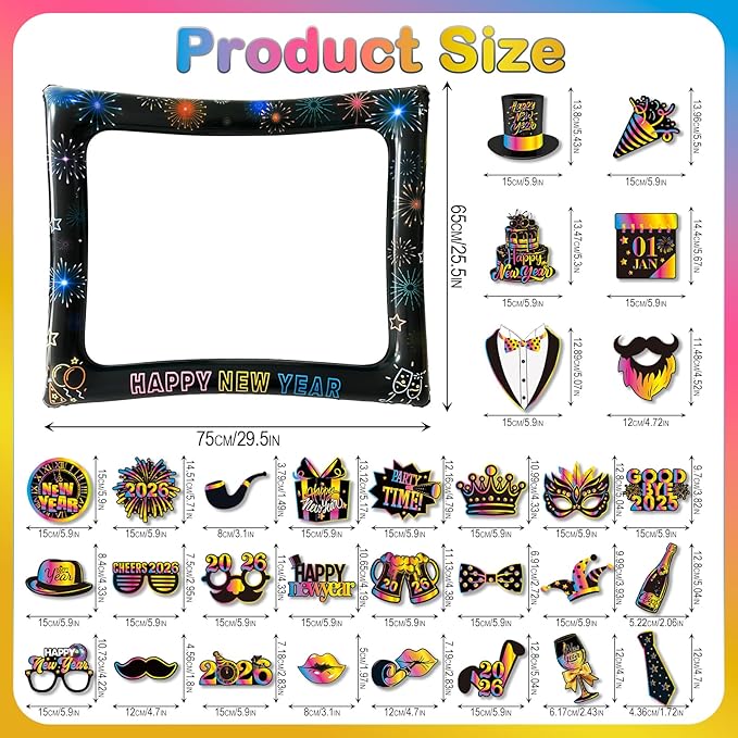 2026 New Year Photo Booth Inflatable Frame Kit, 30Pcs Colorful Neon New Years Photo Booth Props with Inflatable Picture Frame for New Year Eve Party Selfie Props Supplies