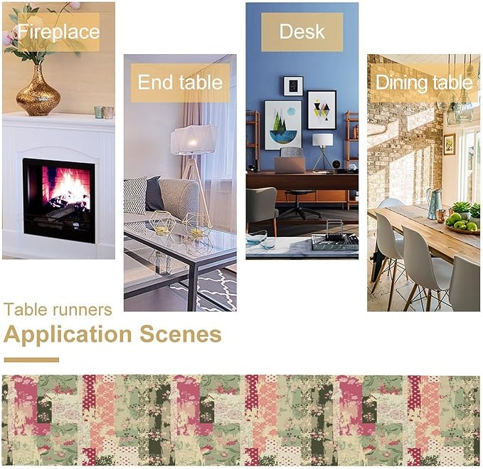 Patchwork Flower Table Runner,Abstract Colorful Floral Retro Style Hand Drawn Tablecloth Burlap for Hotel Indoors Outdoor Dining Room Kitchen Home Decor,W13X L80 in