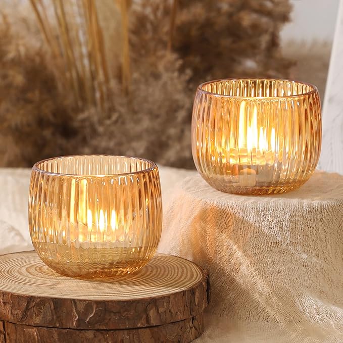 Set of 6 Ribbed Glass Votive Candle Holders, Gold Glass Tealight Holders for Taper Candles - Elegant Table Centerpieces for Weddings, Christmas, Parties, and Home Decor