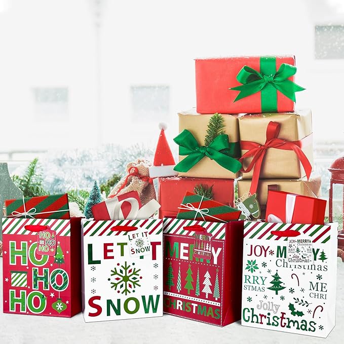 GITMIWS 12 Pack Christmas Paper Gift Bags with Tissue Paper, 9'' Medium Christmas Treat Gift Bags Bulk with handles, Xmas Shopping Tote Goodie Bag for Kids, Xmas Party Favor Decor