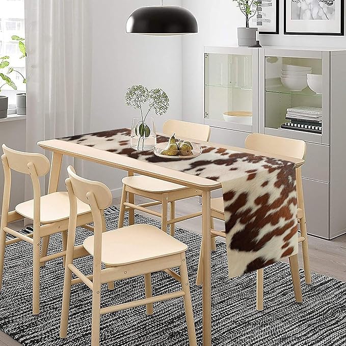 Farmhouse Cow Skin Print Table Runner, Safari Wildlife Brown Country Farm Cowhide Pattern Cotton Linen Rustic Cottage Table Runner for Dinning Home Party Holidays Home Setting, 13x90 Inch
