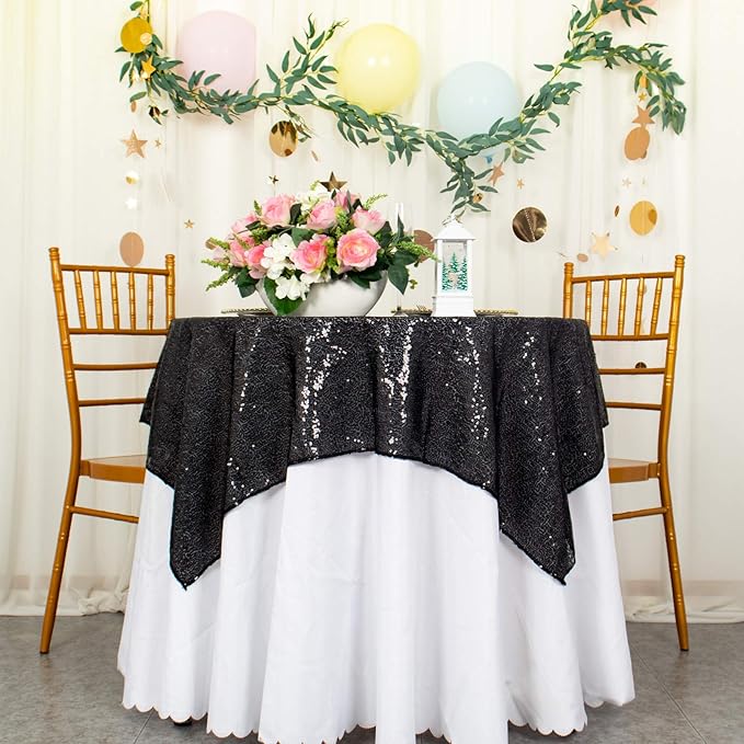 ShinyBeauty Sequin Tablecloth Square Black 54''x54'' - Glitter Table Overlay for Dinning, Party, Event Decoration - Birthday Table Cloth