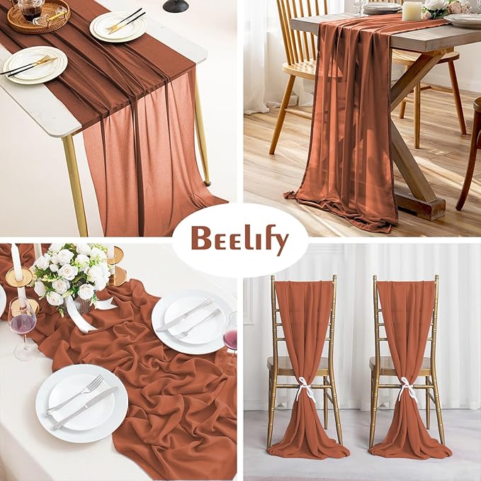 10 Pack 10 Ft Chiffon Table Runner Rust Gauze Long Table Runners 27x120 Inches Sheer Tulle Table Runner for Rustic Wedding Reception Bridal Shower Decorations Birthday Party