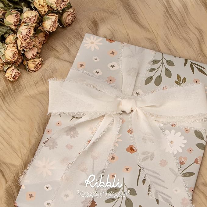 Ribbli Chiffon Silk Ribbon, 1.5 inch x 30 Yard, Cream/Champagne/Beige Fringe Chiffon Ribbon for Wedding Invitations, Bridal Bouquets Wrapping, Flower Arrangement Decoration
