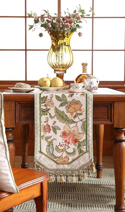 patdrea Designer Elegant French Floral Velvet Table Runner, Fresh Green with Orange Blossoms Pattern Table Mat, Decoration for Kitchen Dining Coffee Table Cabinet Banquet Thanksgiving,12"*102"