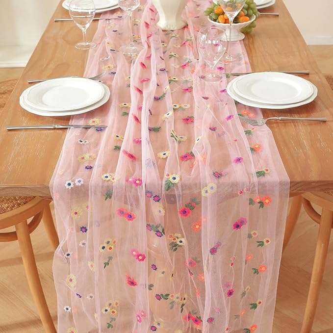 Pink Flower Tulle Table Runner 29x120 Inch Embroidery Florals Soft Sheer Tulle Fabric for Wildflower Party and Baby in Bloom Baby Shower Decorations
